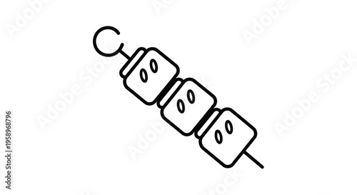 Minimalist black line art vector illustration of three square-shaped food items or marshmallows elegantly presented on a skewer, suitable for various design applications.