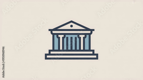 Simple illustration of a bank building with columns and triangular roof on beige background