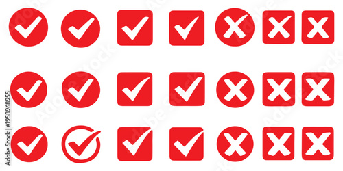 Green Check Mark and Red Cross Icon Set – Verified, Approved and Rejected Symbols Collection
