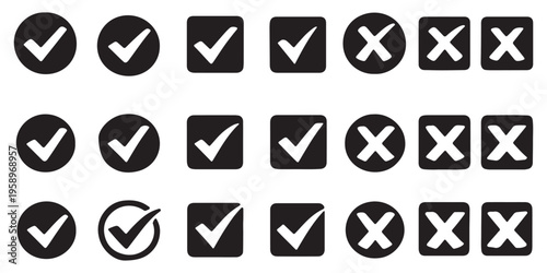 Green Check Mark and Red Cross Icon Set – Verified, Approved and Rejected Symbols Collection