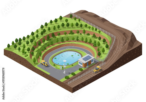Isometric illustration of a sustainable wastewater treatment facility with solar power and green spaces
