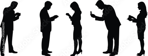 business people silhouette using smartphones standing male female figures isolated black shapes communication technology addiction social media concept