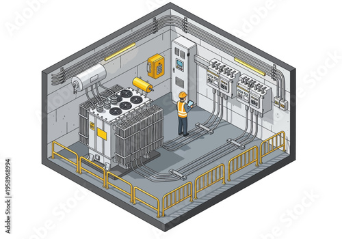 Electric substation room with transformer and technician