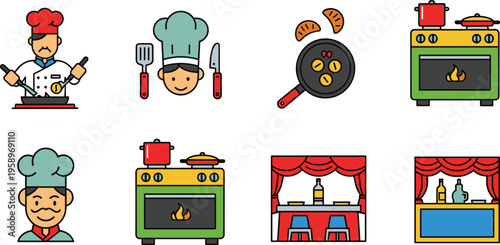 Flat Cooking and Kitchen Icon Set Featuring Chef Characters Frying Pan Stove Food Preparation and Restaurant Elements for Culinary and Food Design