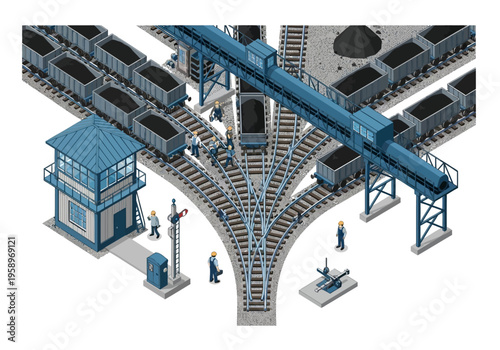 Isometric industrial train yard with coal cars, complex rail network, and operational infrastructure