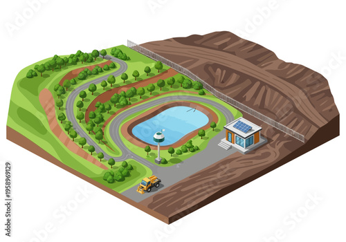 Isometric illustration of a water treatment plant and reservoir with surrounding landscape and construction machinery