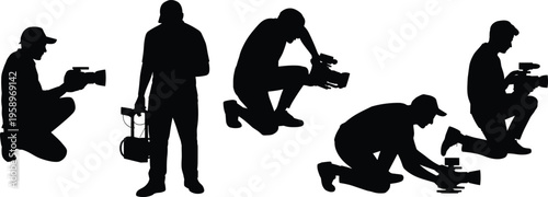 Cameraman silhouette set videographer filming video production media photographer shooting black white illustration professional equipment dynamic poses modern design concept