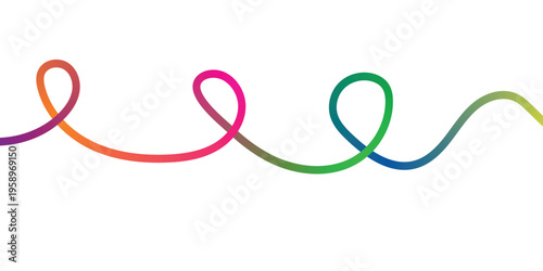 A colorful wavy line with multiple loops and curves in rainbow hues