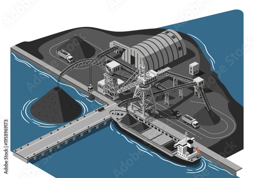 Industrial Port Operations Coal Loading and Shipping Facility with Conveyor Systems and Bulk Carrier Ship