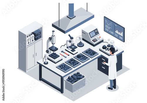 Modern scientific laboratory with scientists conducting experiments and research using advanced equipment
