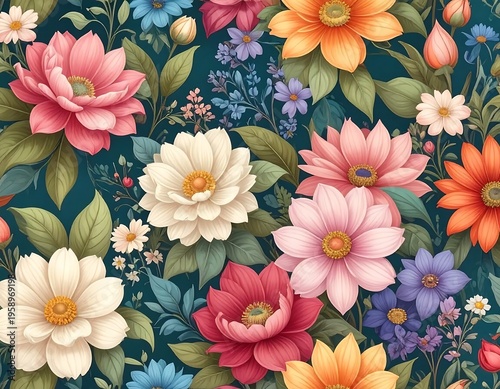 Floral Watercolor Pattern - Vibrant Blooms on Dark Teal Background.