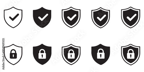 Shield Security Icons Set with Check Mark and Lock – Protection, Privacy, Verified and Data Safety Symbols, Line and Solid Vector Collection