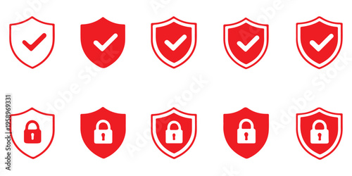 Shield Security Icons Set with Check Mark and Lock – Protection, Privacy, Verified and Data Safety Symbols, Line and Solid Vector Collection