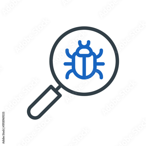 Vector icon of magnifying glass detecting malware bug, spyware symbol. Cyber security concept representing virus scan, threat detection and system protection. Data security, network protection.