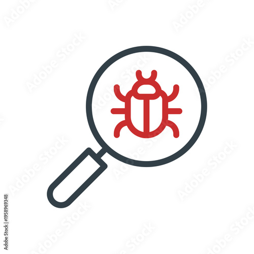 Vector icon of magnifying glass detecting malware bug, spyware symbol. Cyber security concept representing virus scan, threat detection and system protection. Data security, network protection.