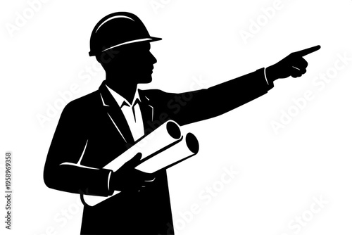 Construction planning and vision architect pointing silhouette