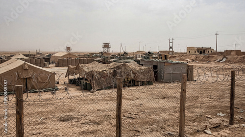 Tableau sur toile A photograph of a vast military base camp, featuring tents, protective sandbag barriers