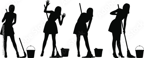 Cleaning woman silhouette set housekeeping mop bucket cleaning service black white illustration domestic work hygiene concept modern design collection