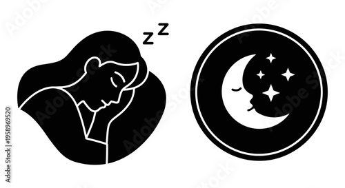 Sleep icons, zzz symbols, moon and stars, dreamy night, black vector graphics