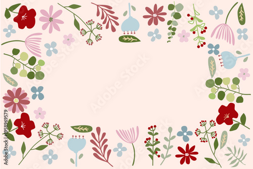 Hand drawn botanical flower frame template with copy space, cute floral border illustration in pastel colors for spring season, greeting cards, and wedding invitations.