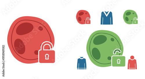 Secure fashion icons, locked clothing symbols, protected apparel signs, safety badge vectors