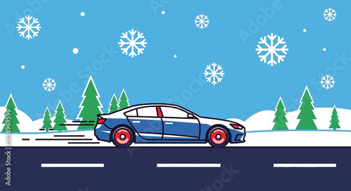 Blue car driving through snowy landscape