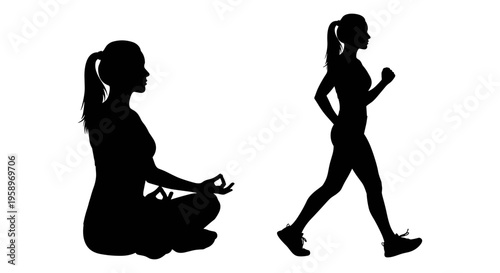 Black silhouette women, fitness icons, running and yoga, athletic female figures, vector graphics