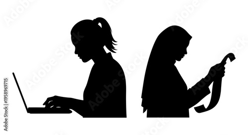 Black silhouettes, people working, woman with laptop, girl with hammer, isolated vector icons