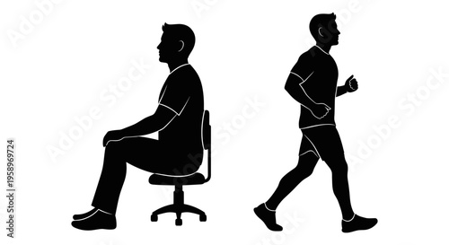 Office worker, sedentary lifestyle, sitting vs running, active lifestyle, vector icons