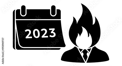 Burnout, stressed employee, 2023 calendar, workplace stress concept, vector icons