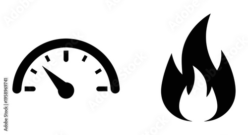 Speedometer, flame icons, speed gauge, fire symbol, vector graphics