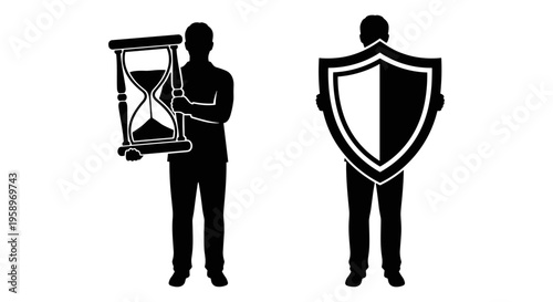 Time, protection, and security icons, shield and hourglass silhouettes, business concept, black vector graphics