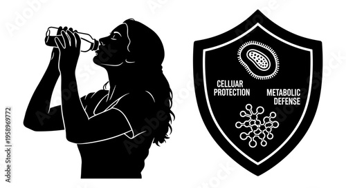 Black silhouette woman drinking water, cellular protection shield, metabolic defense icon set