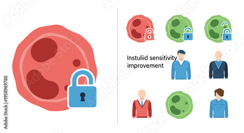 Insulin sensitivity improvement icons, diabetes management symbols, medical vector graphics, health and wellness illustrations