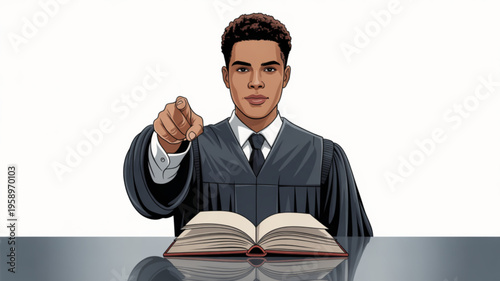 Young judge in a black robe pointing accusingly with an open law book on the desk in front of him