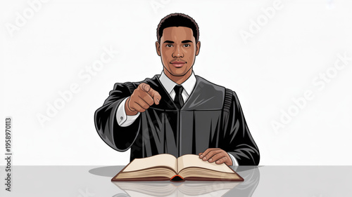 Judge banging gavel on book sitting at desk in courtroom setting with white background