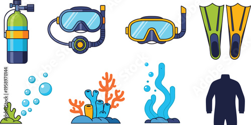 Flat Scuba Diving Equipment Icon Set Featuring Oxygen Tank Mask Snorkel Fins Coral Sea Plants and Wetsuit for Underwater Adventure Design