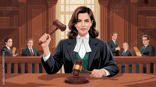 Female judge banging gavel in courtroom with lawyers seated behind symbolizing justice and authority in a legal setting