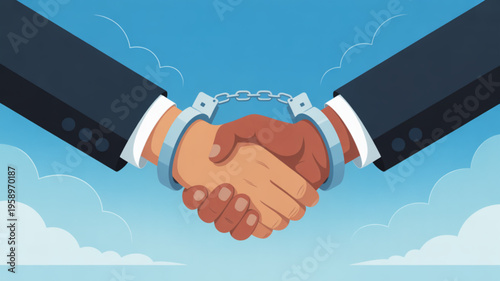 Business partnership with handcuffed hands shaking in agreement under blue sky with clouds