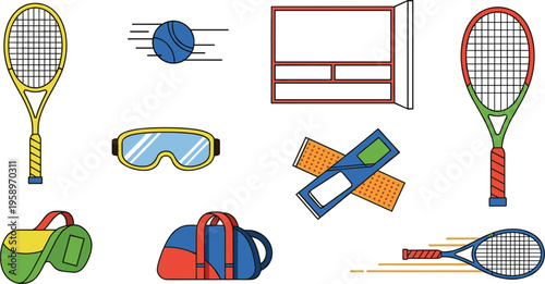 Flat Tennis Equipment and Court Icon Set Featuring Rackets Ball Net Goggles Bandage Bag and Sports Accessories for Game and Training Design