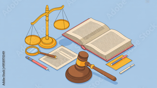 Law and justice symbols with books scales gavel and stationery on a blue background representing legal profession and education