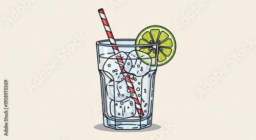 Refreshing Drink with Lime and Striped Straw Illustration.