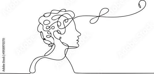 Continuous line drawing of a person profile with tangled lines for mental health and creative thinking.