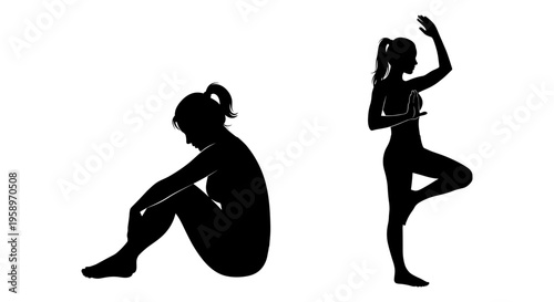Yoga, fitness, and wellness icons, black silhouette vector graphics, exercise and meditation poses, healthy lifestyle illustrations