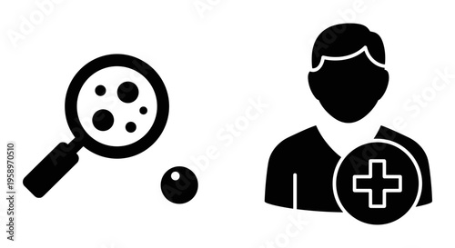 Medical Research, Healthcare Icons, Magnifying Glass, Doctor Symbols, Black Vector Graphics