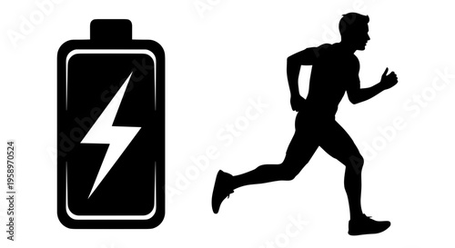Fitness motivation, energy boost, battery power, running silhouette, athletic icon
