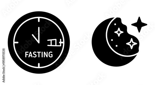 Black icons, fasting clock, moon phase symbols, 2 minimalist designs