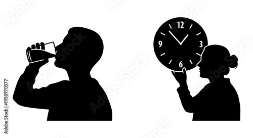 Silhouette icons, black, people drinking and holding clock, time management, daily routine