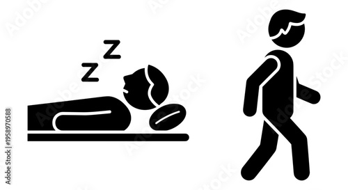 Sleep, rest, and exercise icons, contrasting lifestyle choices, sleepy person lying down, running person