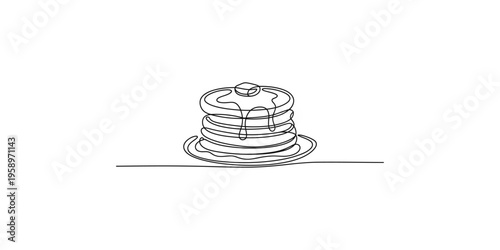 A minimalist line drawing depicts a stack of pancakes with dripping syrup high quality professional detailed modern elegant